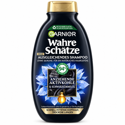 شامبو غارنييه "واهري شاتزه" (Garnier Wahre Schätze) بالفحم النشط وزيت حبة البركة لفروة الرأس الدهنية 250 مل - You & Me
